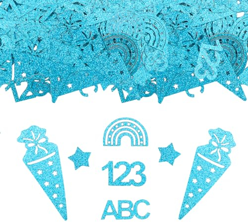 ParPix 100 Stück Konfetti Einschulung Deko Groß 1,5-8cm, Tischdeko Einschulung Mädchen Junge, Streudeko Einschulung mit 5 Mustern, Schulkind Deko Konfetti Blau, Glänzend Tischdeko Schulanfang (Blau)