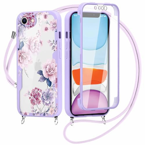 Phoona 360 Grad Handykette Handyhülle für iPhone 8/SE 2022/7/SE 2020 4,7 mit Band,Necklace Hülle Umhängen Tasche Cover,Lila Blumen Aesthetic Motiv Schnur Case TPU Stoßfest Schutzhülle für iPhone 7