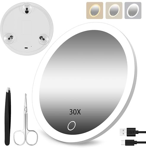 JJhxr 30X Vergrößerungsspiegel mit Lichtern, Reise Make-up Spiegel mit 3 Farben einstellbare Helligkeit Licht, 15.24 cm Make-up Vergrößerungsspiegel mit Licht mit Saugnäpfen