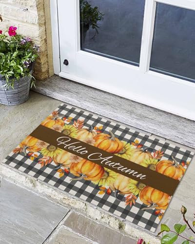 Doormats Hello Autumn Pumpkin Sunflowers Leaves Black White Check Door Mat Water Absorbent Floor Mats Non-Slip Entrance Mat For Entrance Kitchen 40×60Cm