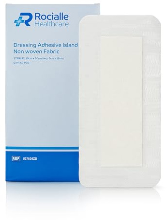 Rocialle Healthcare Non-Woven Adhesive Dressings - Hypoallergenic Plasters with Absorbent Pad, Water-Resistant and - 10cm x 20cm (50 Count)