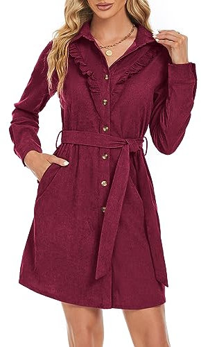 KOJOOIN Blusenkleid Damen Corduroy Langarm A-Linien Knielang Hemdkleid Vintage Einreiher Cordkleid mit Gürtel Rot L