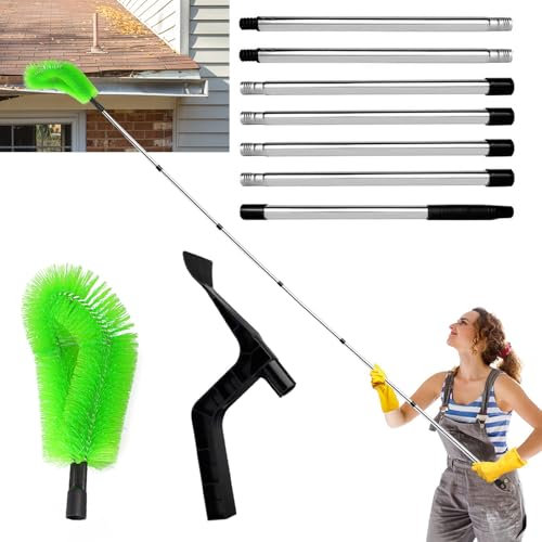2-in-1 Gutter Cleaning Tools Set - with Brush&Cleaning Scraper, 8.27 Ft Extendable Gutter Cleaning Pole, Telescopic Gutter Cleaner Set, Gutter Brush Scoop for Cleaning Leaves/Debris/Spider/Snow