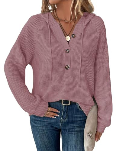 SENBATU Sweat à Capuche Femmes Manches Longues boutonné Pull col en V Hoodie Cordon Sweat Shirt Rose foncé «X-Large»
