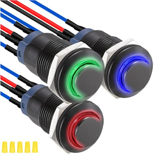 MKBKLLJY 3 Stück 12mm einrastender Drucktastenschalter IP65 Wasserdicht 12V 24V 3A DC SPST Selbstverriegelnder ON OFF Schalter Rot/Blau/Grün LED mit vorverdrahteten Drähten für Auto Boot