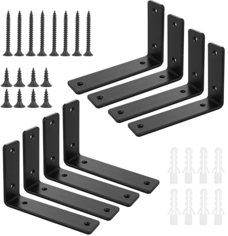LOLYSIC 8Pcs Shelf Brackets Heavy Duty, 15cm 6 Inch Scaffold Board Shelf Brackets, 5mm Thick Metal Wall Shelve Brackets Supports for Floating Shelves, Wall-Mounted Shelving, Black