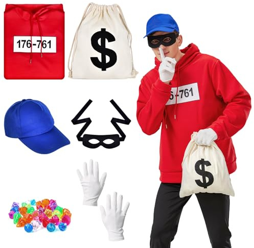 Joellfuner Panzerknacker Kostüm Herren, Panzerknacker Banditen Bande Kostüm, Panzerknacker Fan Kostüm Outfit mit Maske und Kordelzugbeutel, Panzerknacker Banditen Kostüm für Karneval