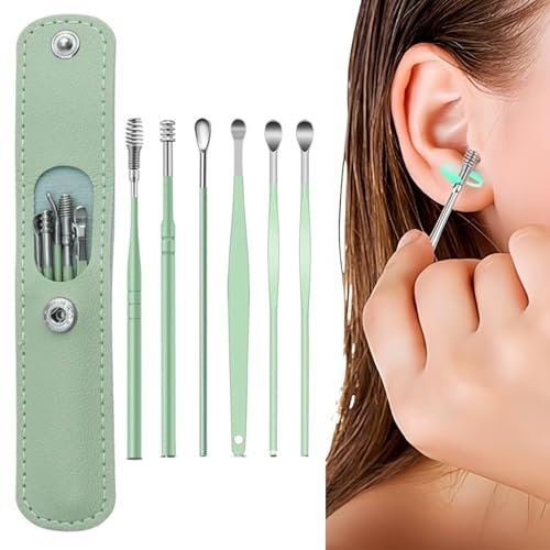 Premium Stainless Steel Ear Wax Removal Kit Ear Curette Ear Cleaner Tools for Children and Adult Earwax Removal Kit Cleaning Kit with Portable Bag 6 Pcs (Green)