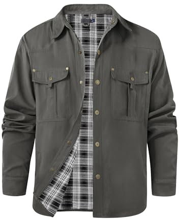 Voqeen Übergangsjacke Herren Langarm Casual Plaid Hemdjacke Snap Knopf Rugged Feldjacke Outdoor Flanellfutter Jacke