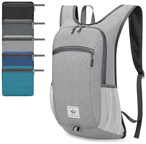 Zusentee Faltbarer Rucksack Klein, 16L Ultraleicht Wanderrucksack Damen Herren, Wasserdichter Trekkingrucksack Tagesrucksack, Rucksack Wandern für Wandern, Reisen, Radfahren und Klettern, Hellgrau