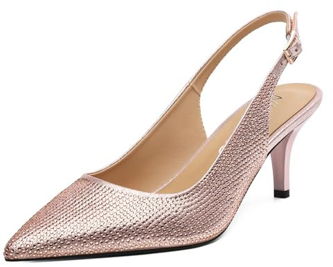 NUMALEO Slingback Heels for Women Pointed Close Toe Kitten Heels Patent Pumps Dress Party Comfy Stiletto 2.5 Inch Dress Shoes, Rose Gold Rhinestone, 9.5