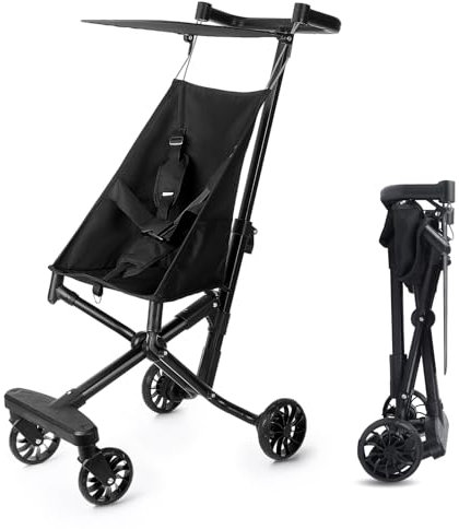 Poussette Canne Ultra Légère Pliable, Poussette Canne de 6 mois à 4 ans, poussette de voyage portable et légère, pliage compact,Compacte et Légère, jusqu'à 22 kg, Réglable, Harnais 5 points, Noir