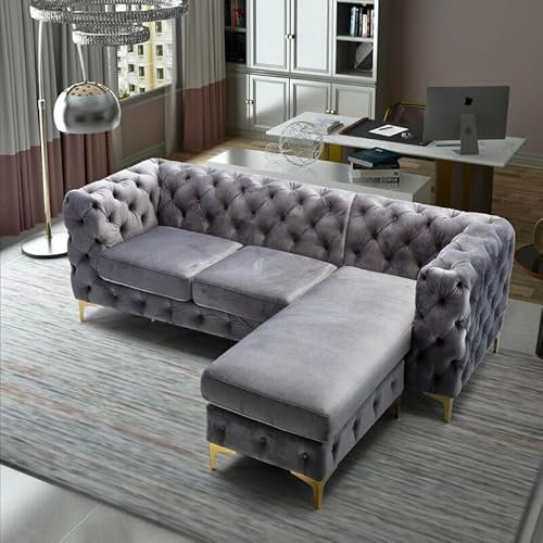 Snooze Chesterfield 3 Seater Sofa with Chaise Lounge – L Shape Right/Left Hand Corner Sofa – Deep Button Tufted Design with Gold Metal Legs – Couch for Living Room (Grey, Right Hand Chaise)