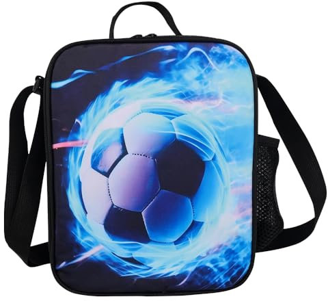 WDKXCN Football Lunch Box, Reusable Crossbody or Tote 3D Football Lunch Bag for Kids with Water Bottle Holder, Insulated & Portable Cooler Warm Boys Lunchbox for School/Picnic/Hiking/Camping/Travel