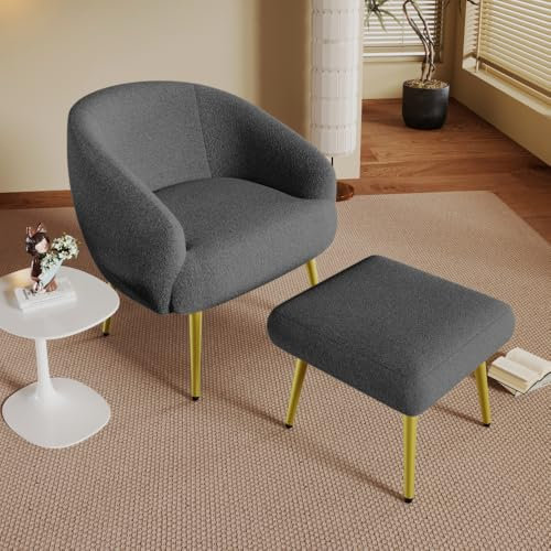 Seyakany Fauteuil rembourré Sherpa Moderne avec Repose-Pieds – Fauteuil de Salon, Design Ergonomique, Pieds dorés, Confort Luxueux
