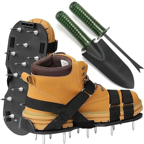 MYSHELL Lawn Aerator Shoes, Grass Spike Shoes for Self Levelling Floor, Heavy Duty Long Spiked Aerating Sandals for Yard Patio Garden Grass Lawn, 2 X Metal Shovel Clearing Away Weeds Debris Easily
