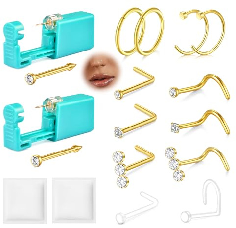 AVYRING 2 Stück Nasenpiercing Stechen mit 20G Nasenstecker & Nasenring - Professionelles Piercing Set in Silber & Gold, Komplettset mit Allem für Sanftes und Sicheres Stechen