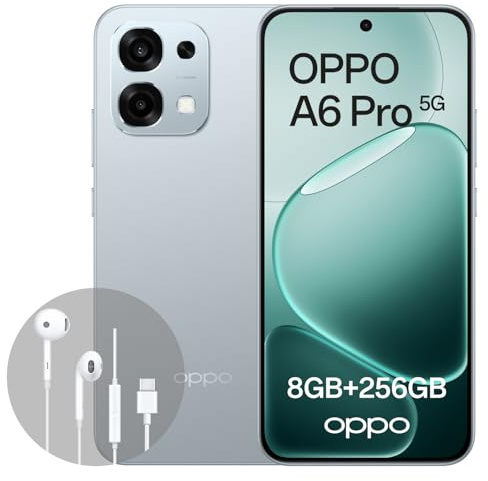 OPPO A6 Pro 5G 8Go+256Go, Smartphone débloqué avec IA, écran AMOLED 6,57 Pouces 120 Hz, caméra AI 50+16 MP, Batterie 6500 mAh, IP69, Lunar Titanium (Chargeur SUPERVOOC 80 W et écouteurs Inclus)