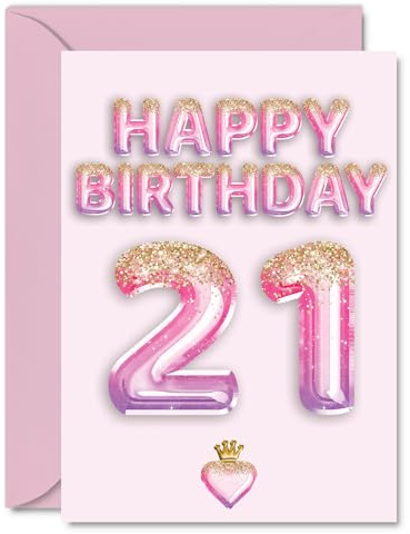 21st Birthday Cards for Women and Men, Pink & Purple Glitter Balloons | Happy Birthday Card for 21 Year Old Man Woman Sister Friend Cousin Uncle, A5 Bday Greeting Cards