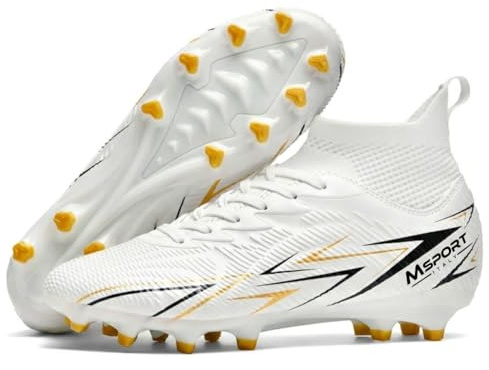 Msport Chaussures de Football Enfants/Adolescents à Crampons – Antidérapantes, Légères et Confortables – Idéales pour Gazon Naturel et Synthétique - Blanc 37 EU