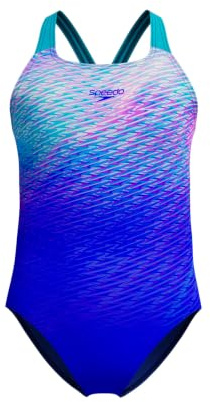 Speedo Powerback-Badeanzug für Mädchen, bedruckt, tiefer Saphir/Maya-Blau