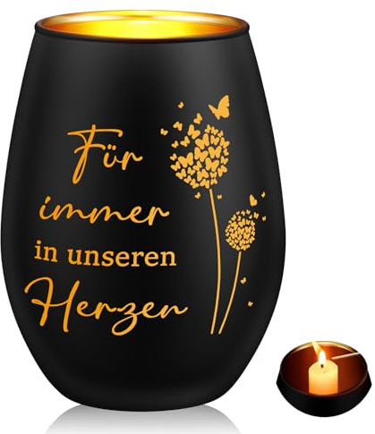 Nuenen Trauergeschenk Windlicht mit Gravur, Schwarzgold,Schmetterling 4 | Trauerlicht Trauerkerze Geschenke für Trauernde zur Beerdigung Trauer Deko Gedenkkerze Gedenklicht Erinnerungslicht