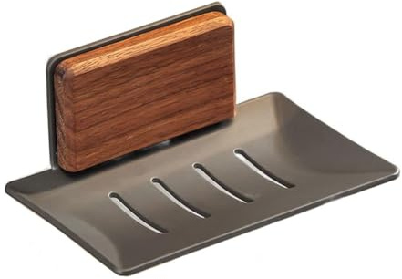 MoSundi Porte-savon mural pour salle de bain en bois de noyer avec système de drainage, sans perçage, design en bois et aluminium, 125 x 87 x 45 cm