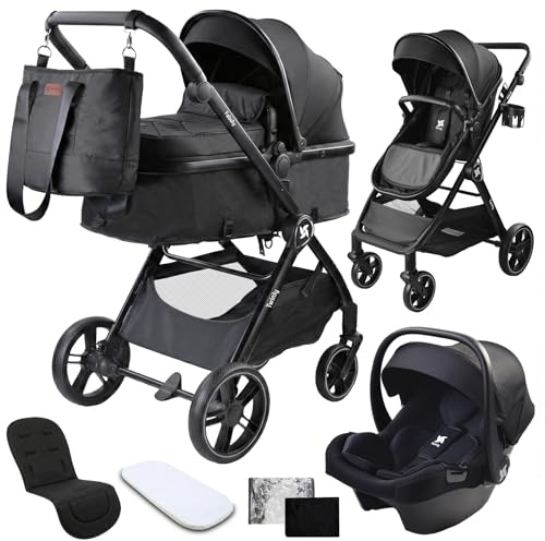 Twinly Kinderwagen 3 in 1 Komplettset – Leichter Kombikinderwagen ab Geburt – inkl. Babyschale, Wanne & Buggy – Mit Regenschutz, Moskitonetz & Getränkehalter- FABULY – Faltbar & Kompakt – [schwarz]