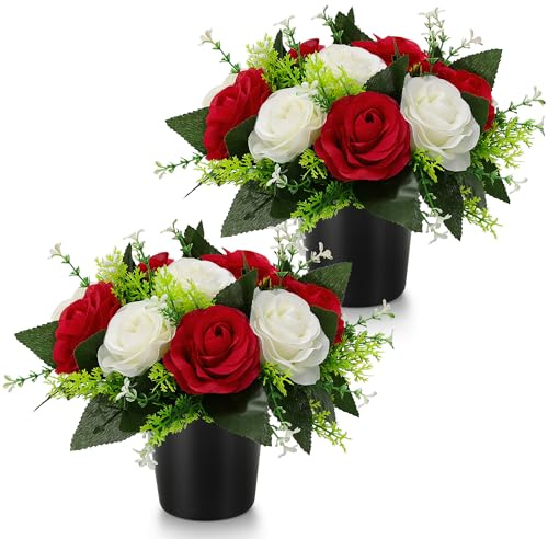 GeekLeaf 2 Pcs Artificial Flowers for Graves, Grave Flowers Pots Red White | Cemetery Artificial Silk Memorial Arrangement - Fake Bouquet in Pot for Graveside (Red White)