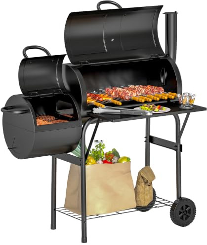 Outsunny Charcoal BBQ Grill with Smokestack, Foldable Side Shelf, Black | Warming Rack, Bottom Shelf, Lid, Temperature Gauge, Wheels, Outdoor Cooking Garden Party