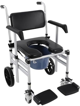 Verstellbar Toilettenrollstuhl für Senioren, Sitzhöhe 46-54cm, Faltbar Duschstuhl mit becken, Rutschfest Rollstuhl mit Rollen, Duschsitz Badezimmer Toilettenstuhl für ältere,150kg (U-Platte)