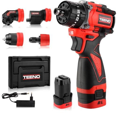 TEENO Brushless 18V 25+3 Couple Multifonctionnel Kit Perceuse Visseuse sans Fil à Percussion 45Nm, 4 en 1 avec 2 Batteries 2,0Ah, 2 Vitesses, LED