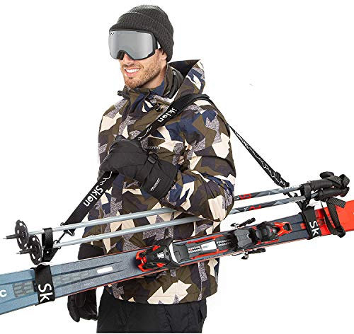 Sklon Ski Tragegurt und Stöcke Tragegurt, machen Sie Schluss mit dem Kampf und tragen Sie mühelos Ihre Skiausrüstung überall hin. Mit gepolsterter Schulterschlinge - ideal für Familien - Schwarz