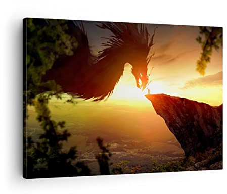 Bilder auf Leinwand Drache Rock Kreatur Leinwandbild mit Rahmen 70x50cm Wandbilder Dekoration Wohnzimmer Schlafzimmer Küche Deko Klein Wanddeko Bild Wand Kunstdruck Art Wall Decor Canvas AA70x50-3883
