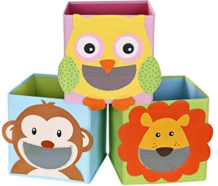 SONGMICS Set di 3 Scatole Portaoggetti, Scatole per Giocattoli, Portagiochi a Cubi Pieghevoli, per Soggiorno, Camera di Bambini, Giochi, 27 x 27 x 27 cm, Motivi di Animali, Multicolore RFB01KU