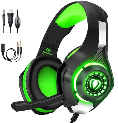 BlueFire Cuffie Gaming per Xbox one, Cuffie da Gioco con 3.5mm Jack LED e Microfono Insonorizzato,Bass Stereo Audio Surround Cuffie da Gaming per PS4/Xbox One S/PC/Laptop (verde)