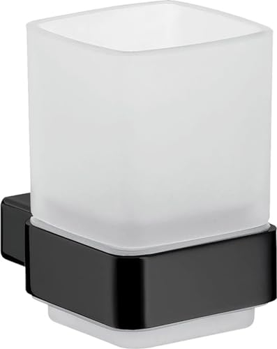 EMCO Loft Glashalter mit 1 Glas zur Wandmontage, eleganter Zahnbürstenhalter aus Aluminium und Kristallglas, hochwertiger Zahnputzbecher, schwarz matt und satiniert