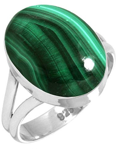 Jeweloporium Grüner Malachit-Silberring, Größe 68 (21,6), 925er Sterlingsilberring für Damen, natürlicher klobiger ovaler Stein, Boho-Schmuck
