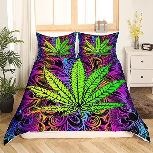 Loussiesd Marihuana Weed Leaf Bettbezug Set, Cannabis Betten Sets Bettwäsche Set 135x200cm Mit Pillow Shams Cannabis Vibrant Grün Bunt Bedruckte Bettwäsche Bettbezug Set Soft Room Decor 2St
