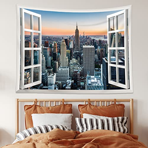 AMBZEK New York Fenster-Wandteppich, 150 x 190 cm, Skyline Sonnenuntergang Midtown mit Empire State Buildings, Geschäftszentrum, Dachkunst, Wandbehang, Schlafzimmer, Wohnzimmer, Wohnheim, Dekorstoff