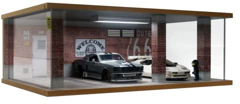 Display Case for Cars with Acylic Cover and LED Lighting for 1/24 Scale Diecast Car, Lego Cars Speed Champions 76908 76907 76901 76910 76909 76895, Model Cars, 3 Parking Space (Route 66)