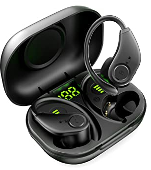 Bluedio S6 │ Cuffie auricolari wireless sportive, Bluetooth 5.1, con ganci per le orecchie e custodia di ricarica 42 ore di riproduzione, suono stereo HiFi, display a LED, Touch Control (nero)