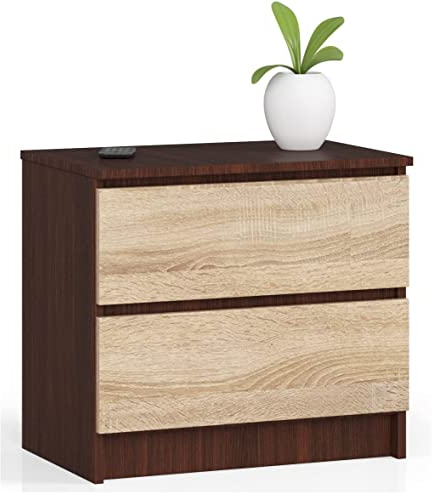 AKORD Kommode K60 mit 2 Schubladen | für das Wohnzimmer Schlafzimmer Schrank Büro Arbeitszimmer | Modernes Funktionales Design | B60 x H55 x T40 cm, Gewicht 20kg | Wenge/Sonoma-Eiche
