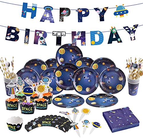 YiiiGoood 89pcs Weltraum Kindergeburtstag Pappteller, Servietten, Happy Birthday Girlande, Cake Topper, Weltall Partygeschirr Geburtstagsdeko Jungen Planeten Deko Partyset