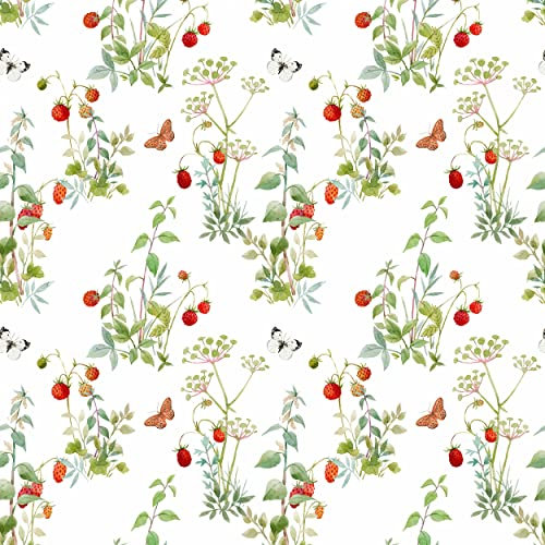 decomonkey Fototapete | Tapetenrolle 10 m Tapete Vliestapete Deko Panel Modern Design Wanddeko Wandtapete Wohnzimmer Schlafzimmer | Laub Blätter Pflanzen Blumen WeiÃŸ Schmetterling Erdbeeren