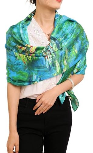 Prettystern Damen 170 cm Malerei Kunstdruck handrolliert grün blau rot Seidenschal Claude Monet Wasserlilien Seerosen P191