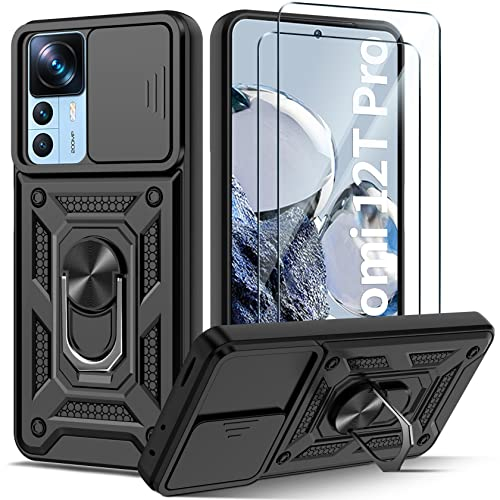Guisessy für Xiaomi 12T Pro Hülle, Xiaomi 12T Hülle Kameraschutz mit Slide Camera und [2 Stück] Schutzfolie, Drehbarer Fingerring Ständer Militärqualität Stoßfest - Schwarz