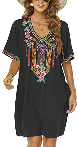 Vakakado Femmes été bohème Mexican Farmer Dress Manches Courtes Fleurs brodées Fleurs Robe Ample Hippie bohème Style (446, Noir,3XL)