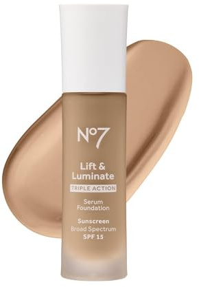 No7 Lift & Luminate Triple Action Serum Foundation - Liquid Makeup with SPF 15 for a Dewy, Glowy Base - Radiant Formula for Mature Skin - Cashew (30ml)
