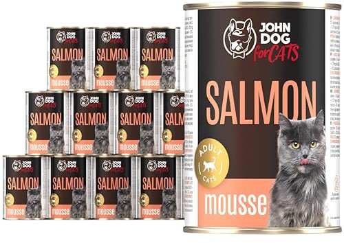 John Dog for Cats Nassfutter für ausgewachsene Katzen mit Lachs - Monoprotein Katzennassfutter - hoher Fleischanteil, getreidefrei, 100% natürlich - 400g (12er Pack)